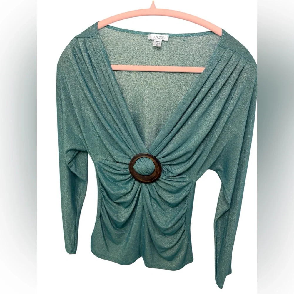 Vintage Caché Metallic Teal Long Sleeve Top with Ring Detail- made in USA - Picture 2 of 4